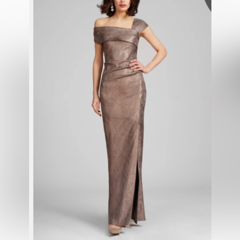 Teri Jon One-Shoulder Metallic Dress - Bronze